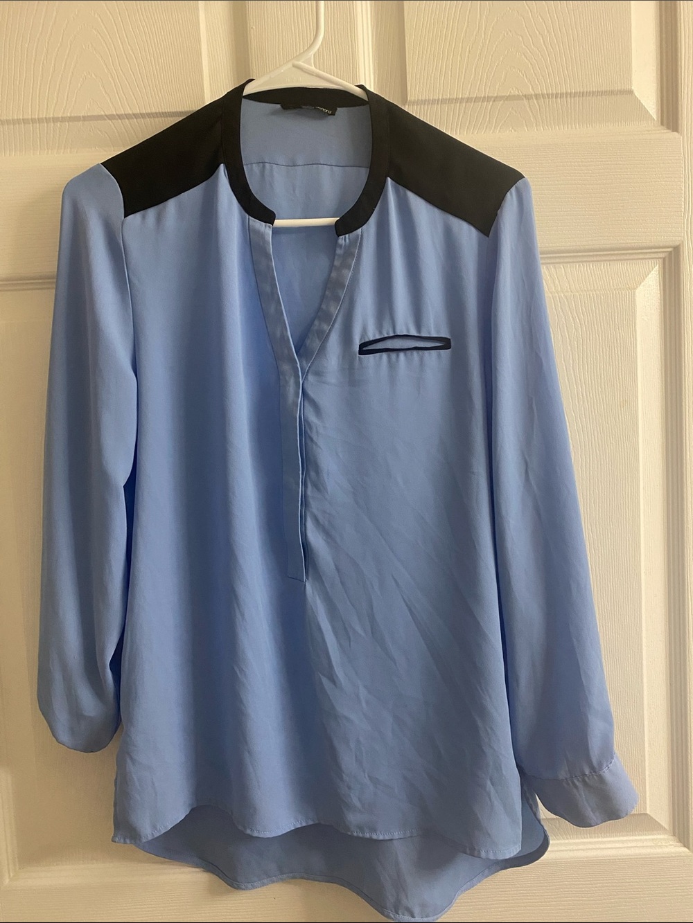 Harve Benard Light Blue Blouse with Black Shoulder Accents